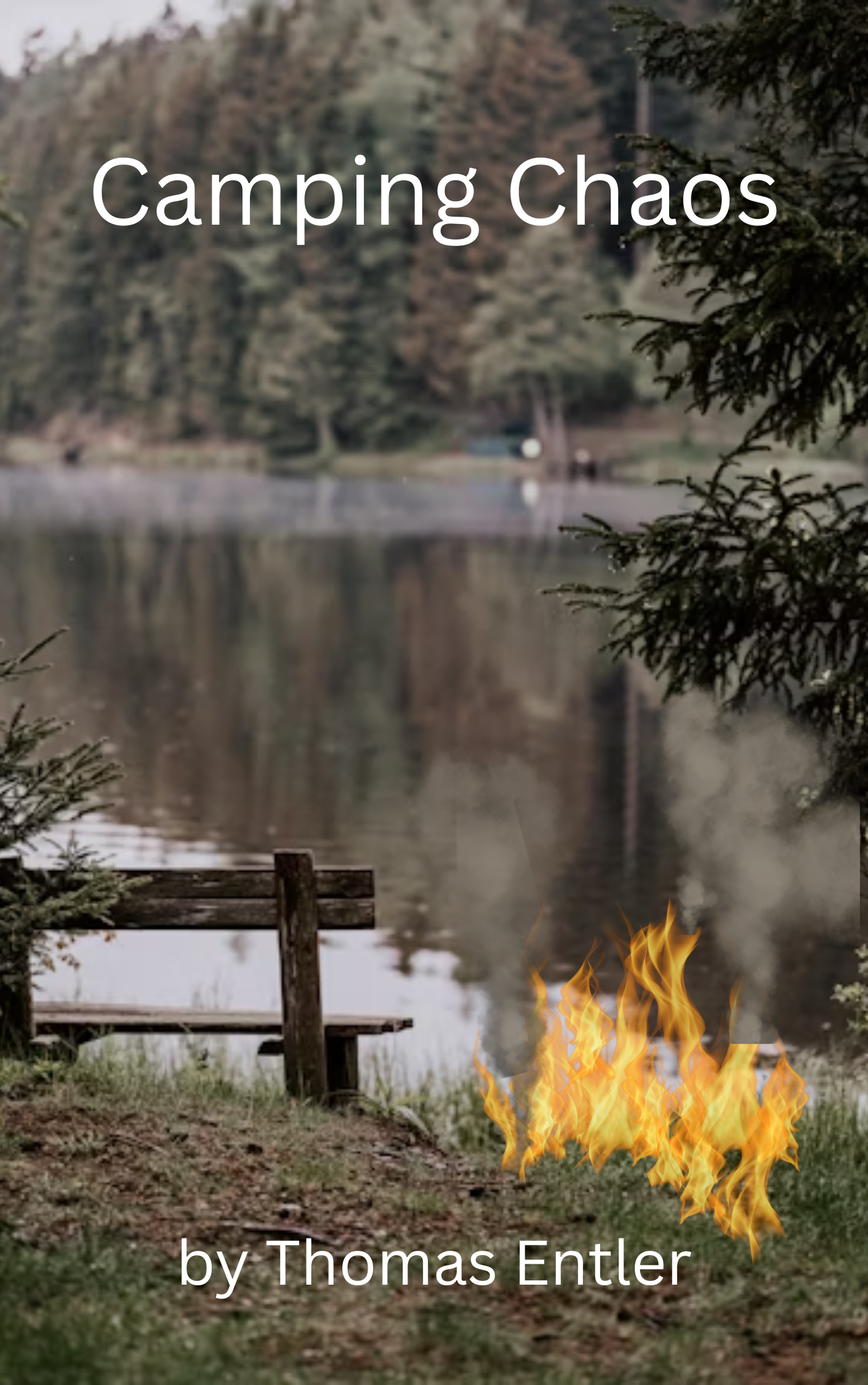 Camping Chaos book cover, serene lake with the ground on fire next to a bench